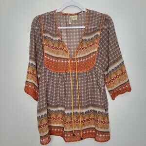 Passport orange tan semi sheer boho hippie 3/4 sleeve pull over top size XL